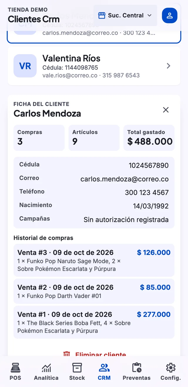 Ficha de un cliente con sus compras y el total gastado