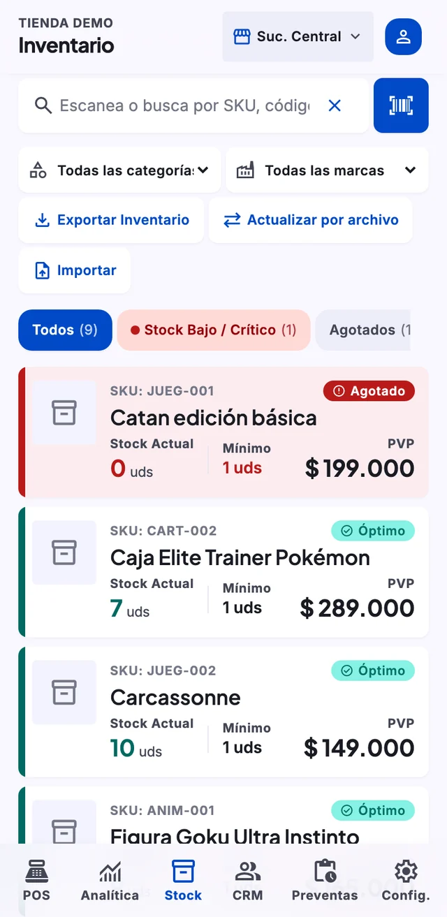 Pantalla de inventario con el botón de escáner, filtros y alertas de stock