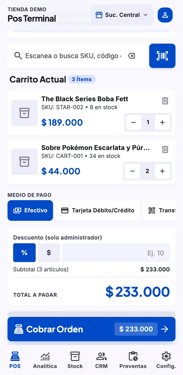 Punto de venta con dos productos en el carrito, medio de pago y total a cobrar